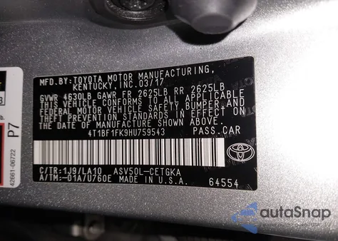 2017 Toyota Camry Xle from USA, damaged, VIN 4T1BF1FK9HU759543